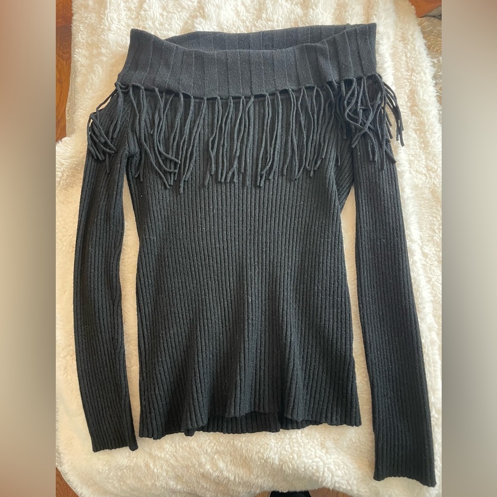 Lovestitch Black Off-the-Shoulder Fringed Sweater